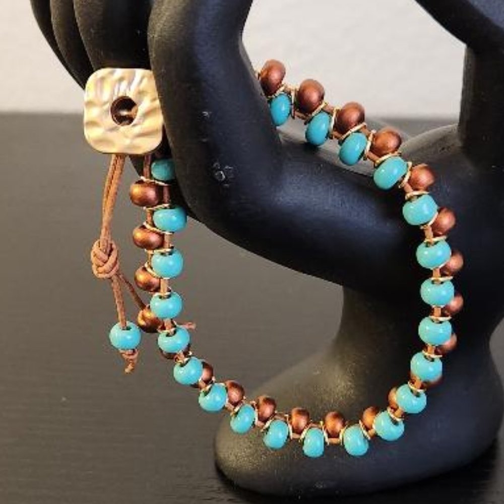 blue and Bronze Beads on Leather Bracelet